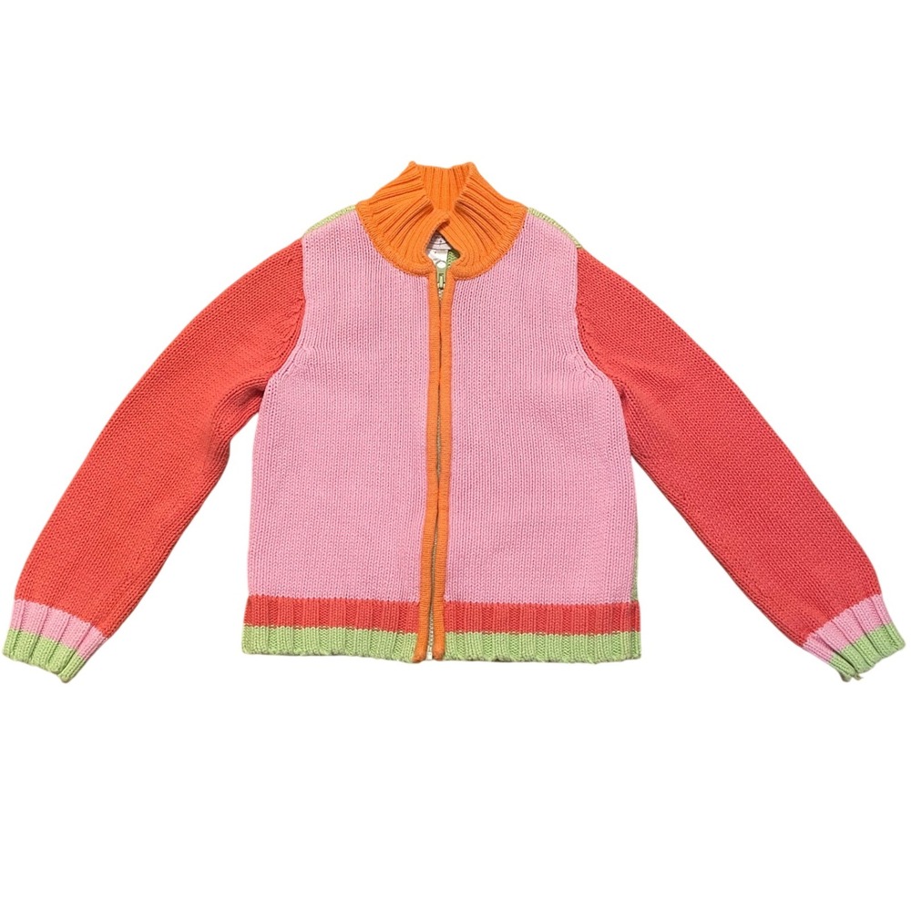 Talbots Kids Girls Size 7 Full Zip‎ Color Block Knit Cotton Cardigan Sweater